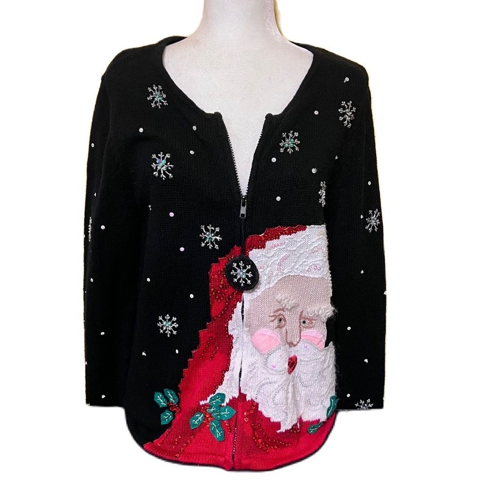 Ugly Christmas Holiday Sweater VTG Zip Up Santa Face Snowflake Classic Elements‎